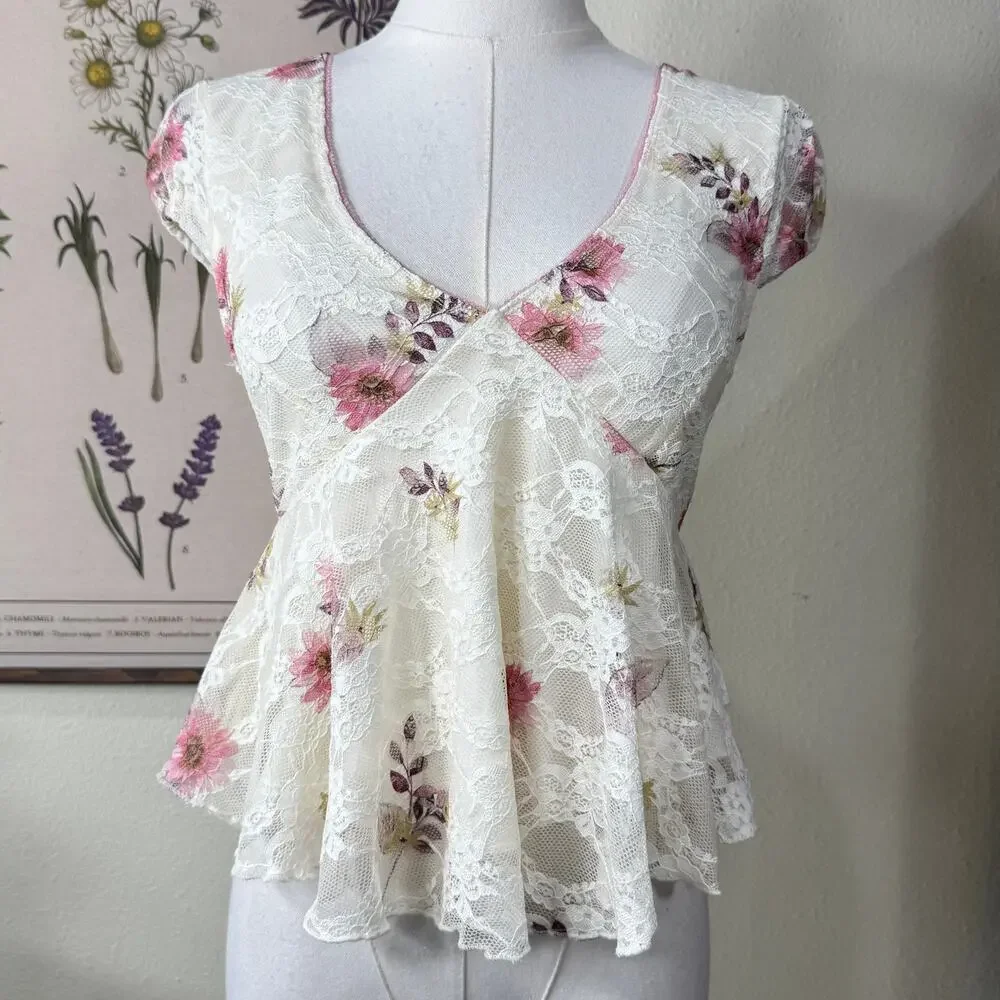 Floral Lace Babydoll Top Dolly Coquette Romantic Fairy Forest Femme Dainty S